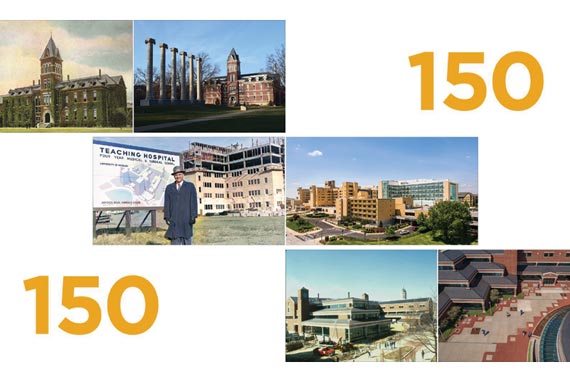 historic images of campus with the number 150