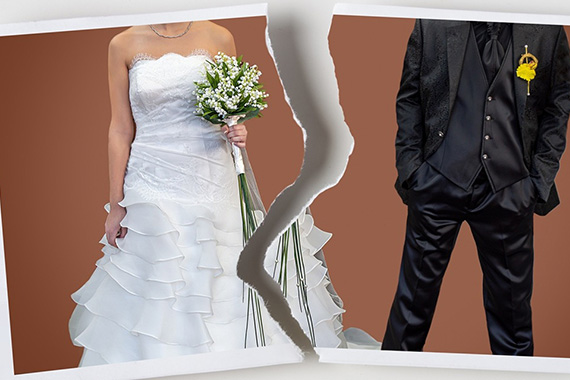 Photo of a bride and groom ripped between the two people