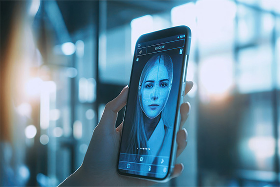 Phone screen showing a digital rendering of a woman's face