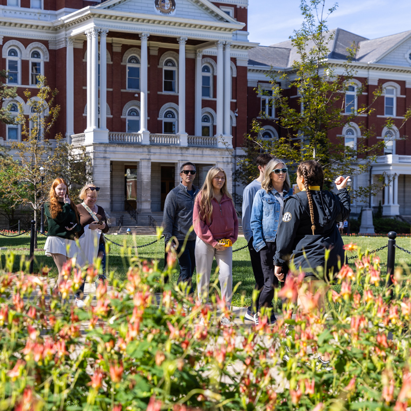 Students taking a tour of the quad