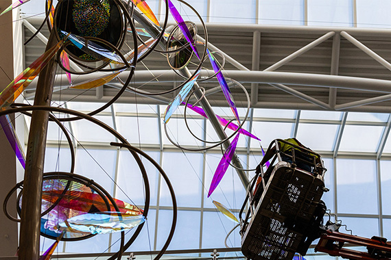 Art installation suspended by wires.