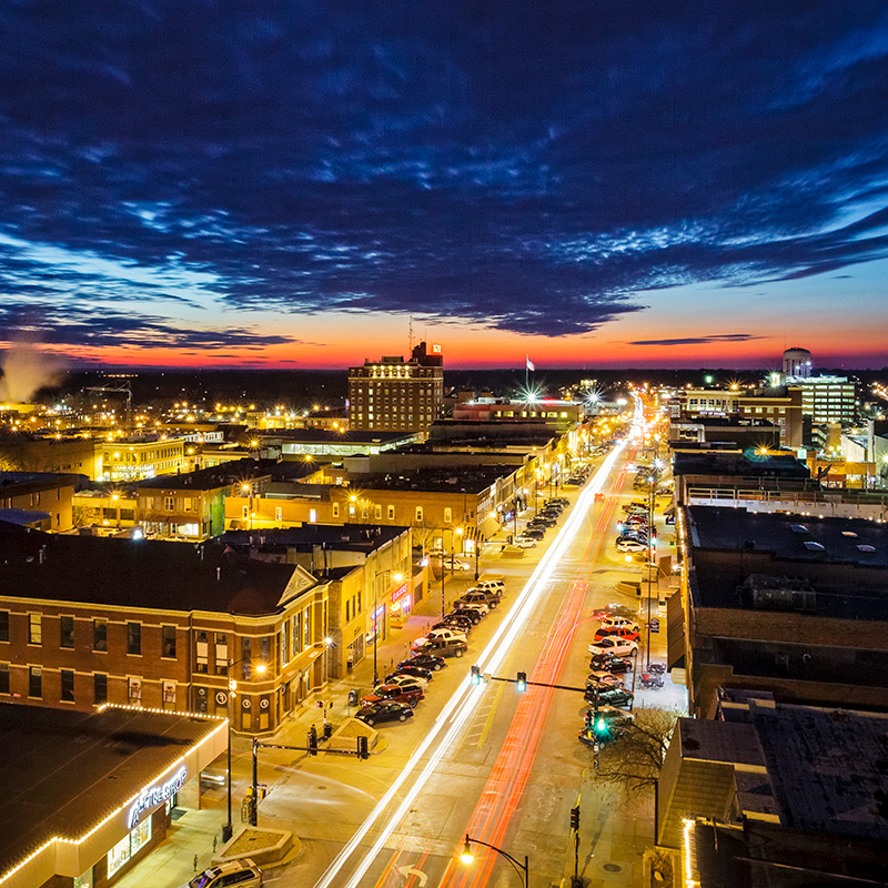 Aerial view of downtown Columbia, MO