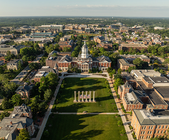 Aerial view of Jesse Hall, the columns and other buildings around the Mizzou Quad