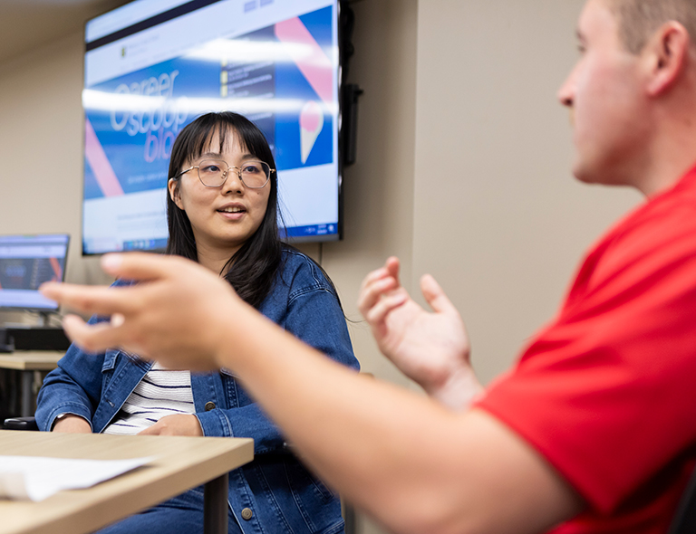 A Mizzou student talking to a career peer advisor