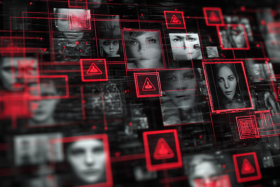 Faces on a screen in red warning boxes