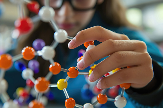 Hands working with a science model