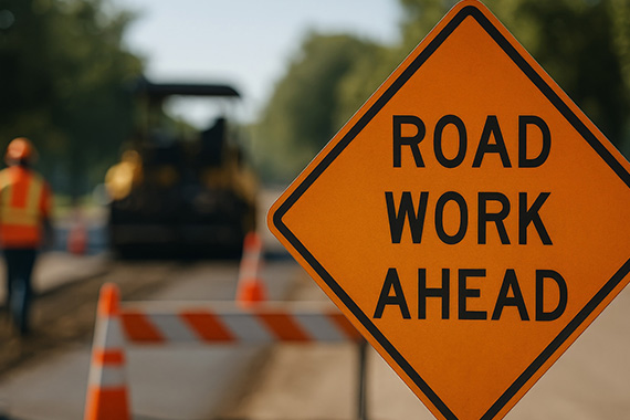 Road work ahead sign and road crew member working in the background
